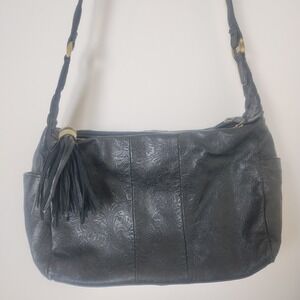 Studio Works Vtg Crossbody Shoulder Bag Black Tooled Leather Tassel Boho Western